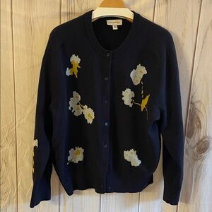 Free Assembly Floral Jacquard Navy White Yellow Cardigan Sweater Womens XXL EUC